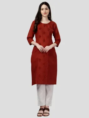 Orange Heavy Cotton Magic Slub With Casual Embroidery Kurti