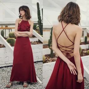 Sexy Backless Lace Up Ruffle Red Dress