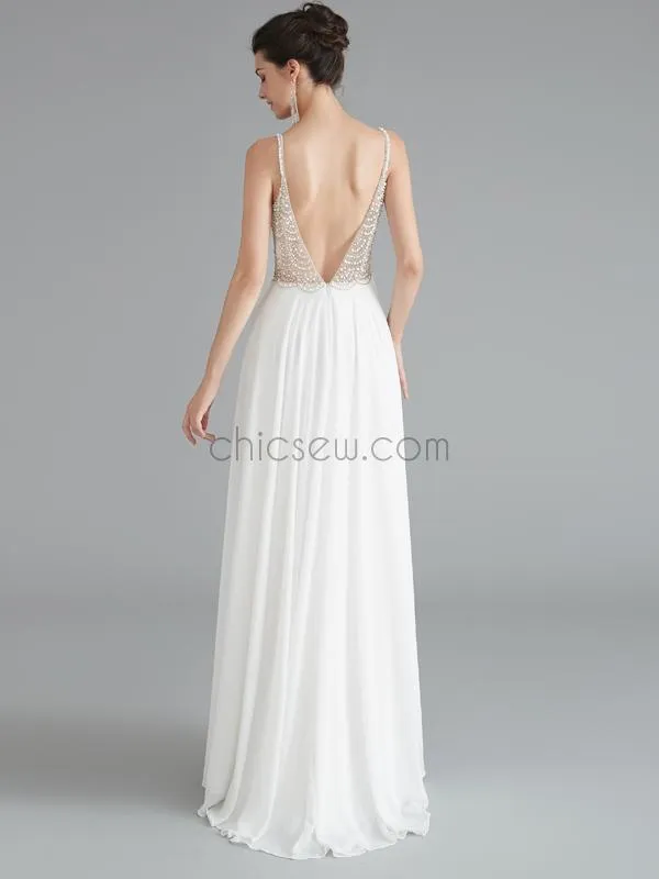 Spaghetti Strap Beaded V-back Chiffon Long Prom Dresses SDP1184