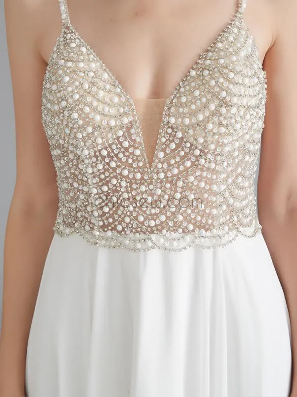 Spaghetti Strap Beaded V-back Chiffon Long Prom Dresses SDP1184