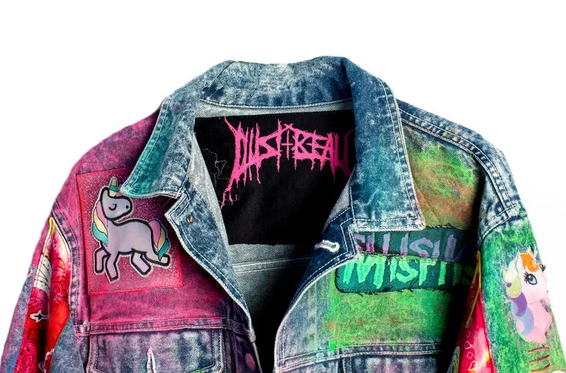 Sparkleberry Unicorn Mix Tape Acid Wash Boxy Denim Jacket with Neon Rainbow Tie Dyed Bandana