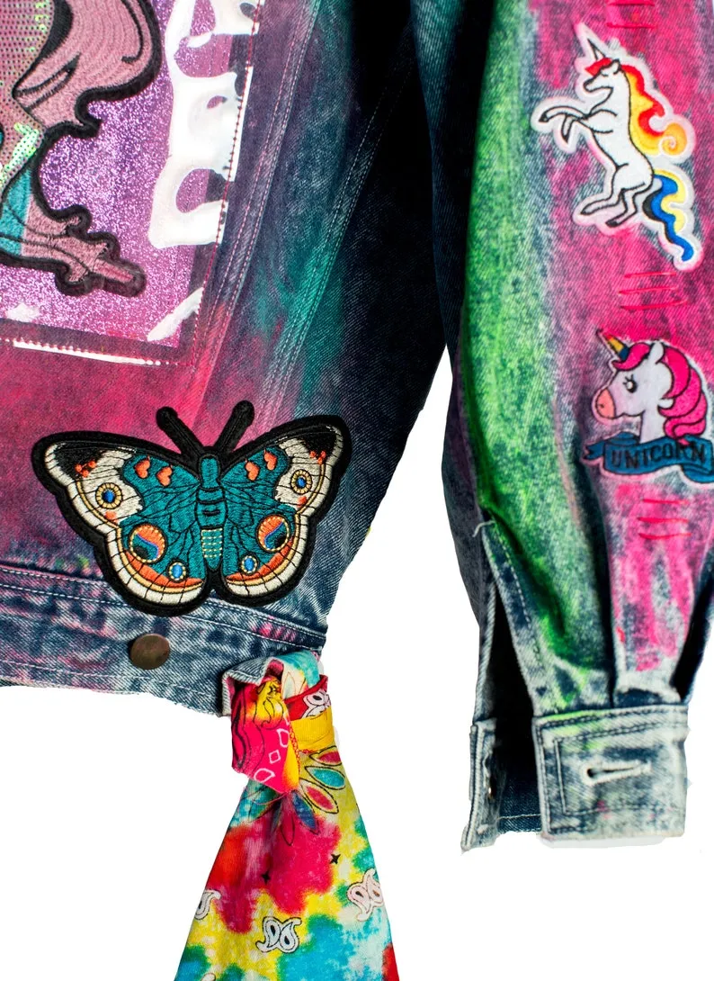 Sparkleberry Unicorn Mix Tape Acid Wash Boxy Denim Jacket with Neon Rainbow Tie Dyed Bandana