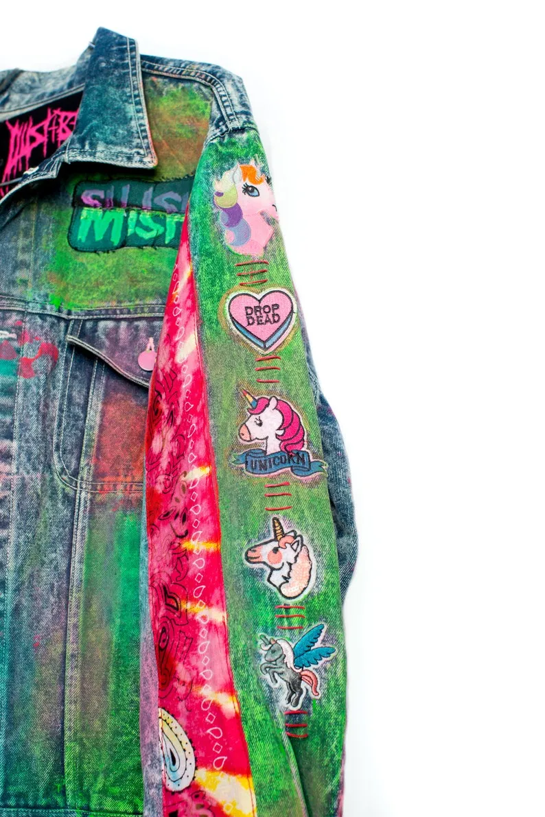 Sparkleberry Unicorn Mix Tape Acid Wash Boxy Denim Jacket with Neon Rainbow Tie Dyed Bandana