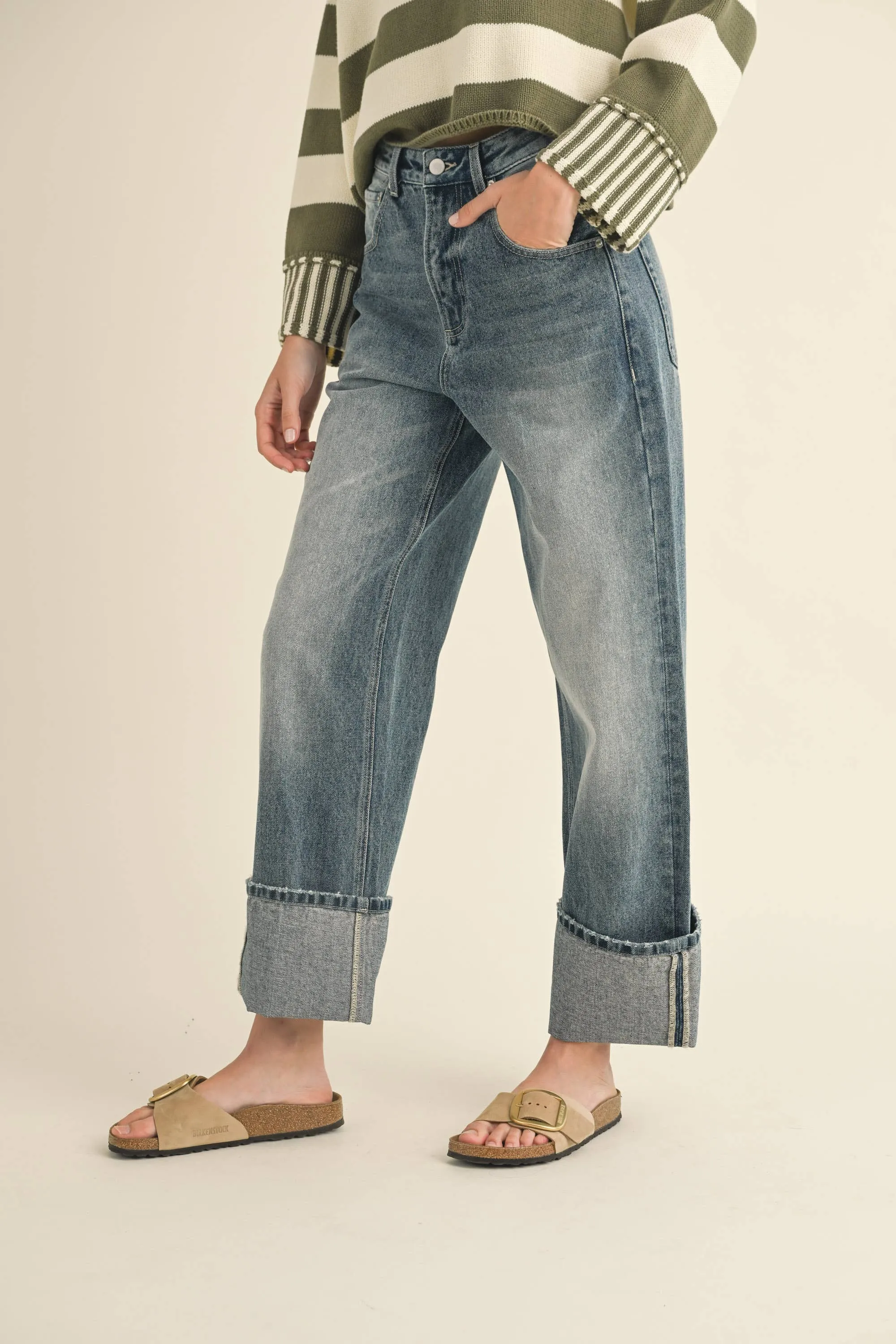 Straight Leg Cuffed Hem Denim Jeans