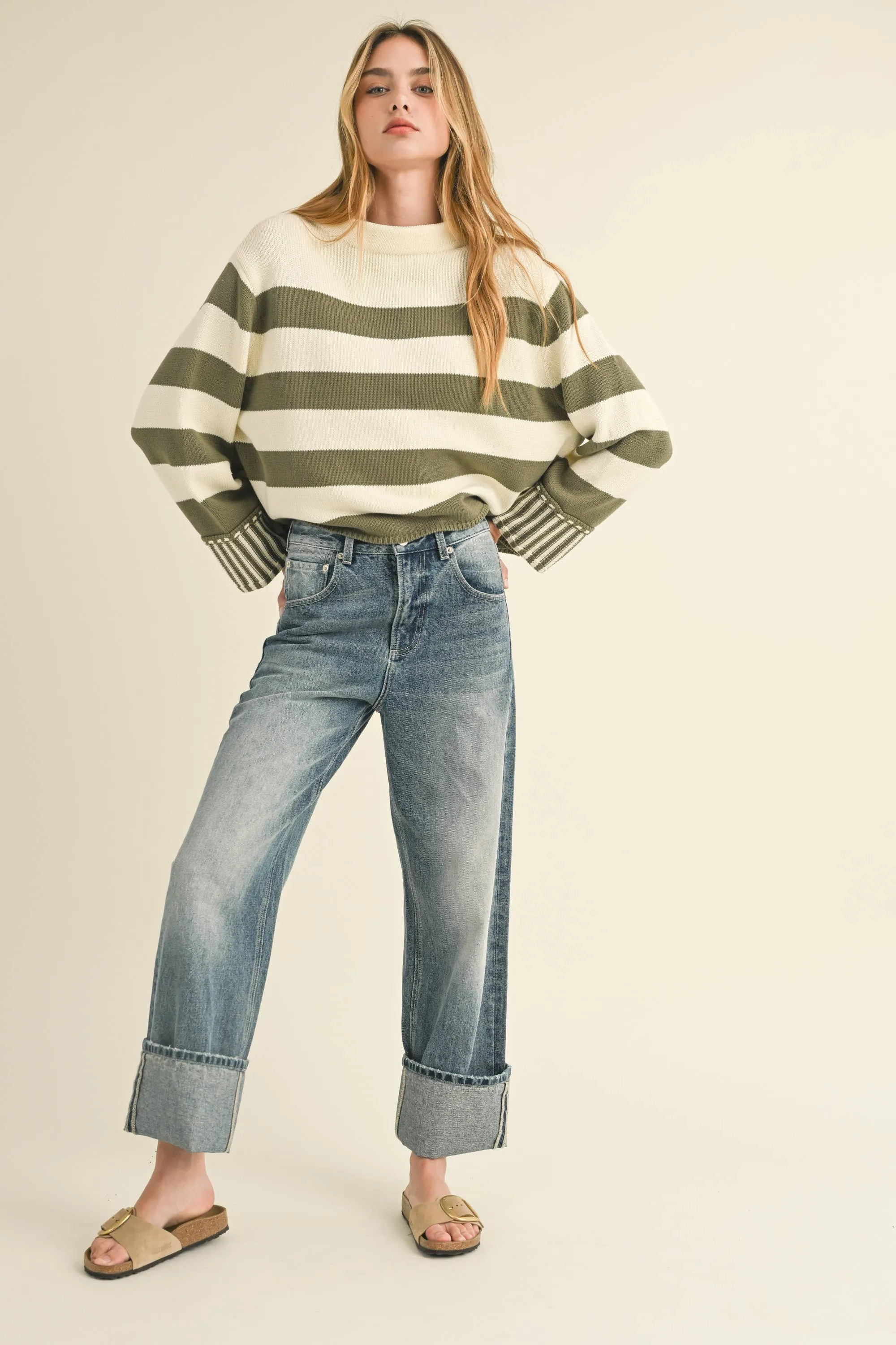 Straight Leg Cuffed Hem Denim Jeans