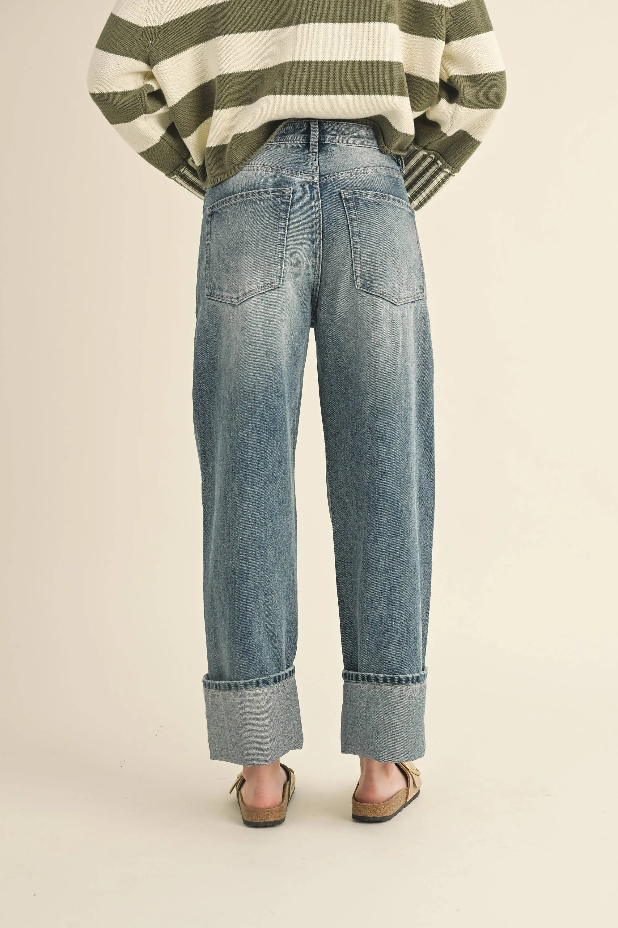 Straight Leg Cuffed Hem Denim Jeans