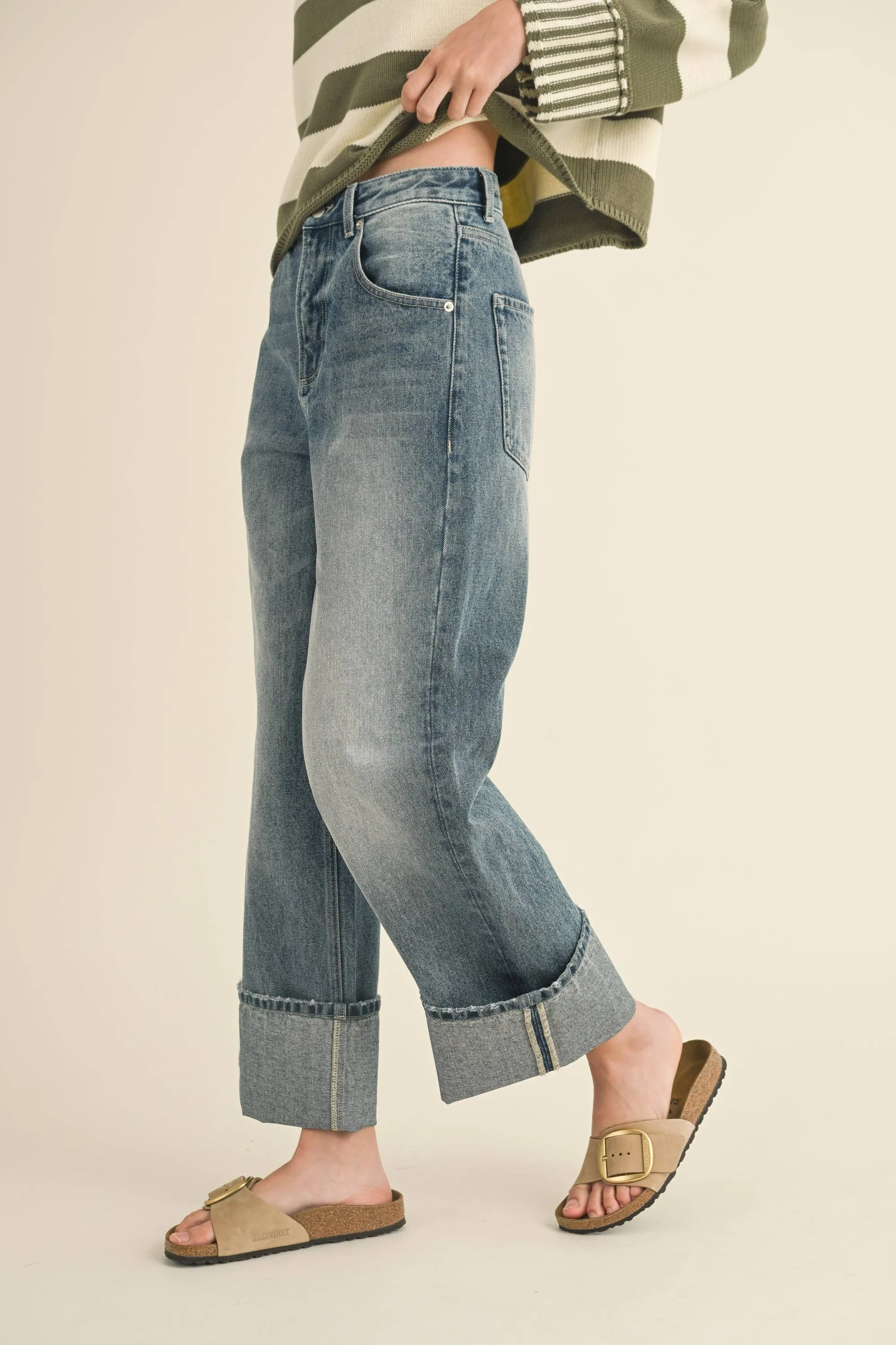 Straight Leg Cuffed Hem Denim Jeans