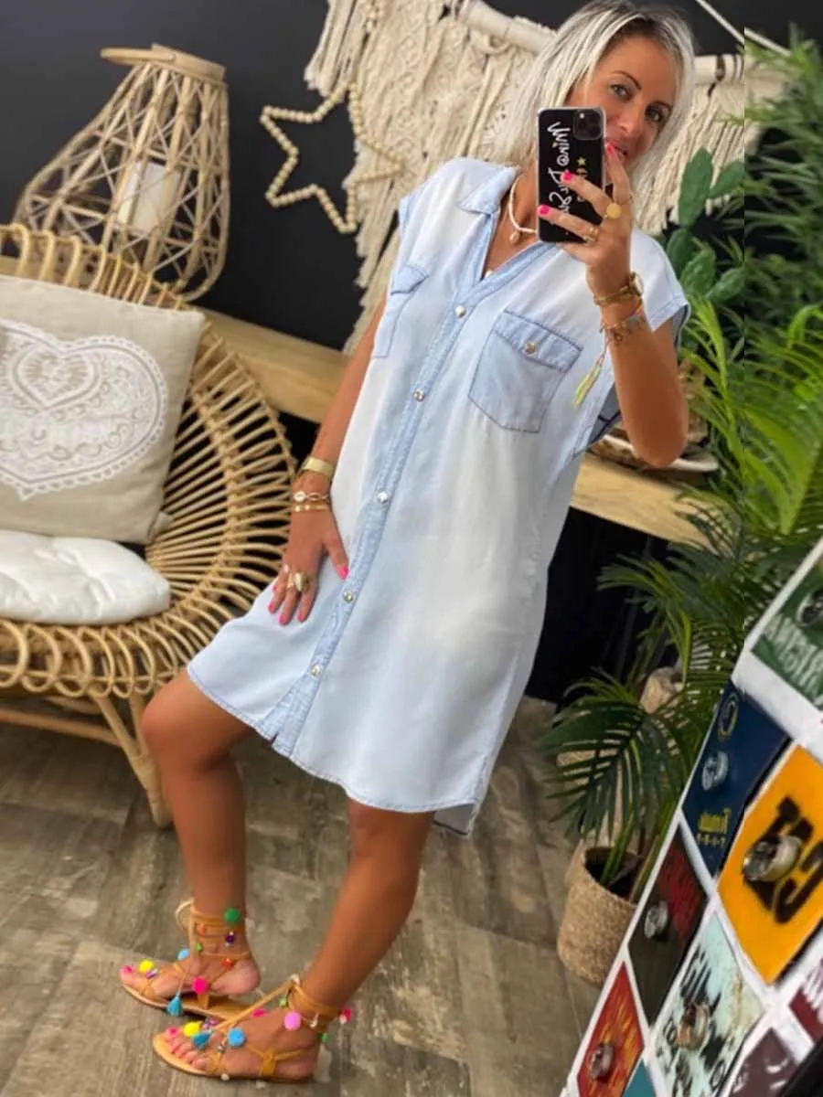 Stunncal Sleeveless Buttoned Shirt Denim Dress