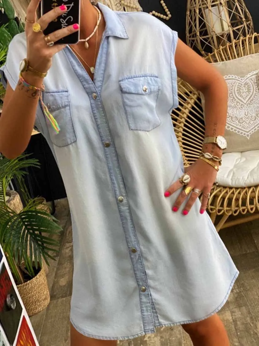 Stunncal Sleeveless Buttoned Shirt Denim Dress