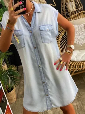 Stunncal Sleeveless Buttoned Shirt Denim Dress