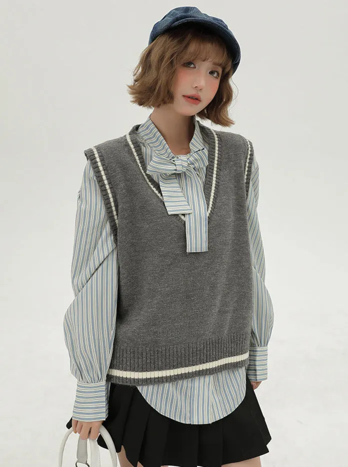 Style Korean Vest   Striped V-neck Shirt