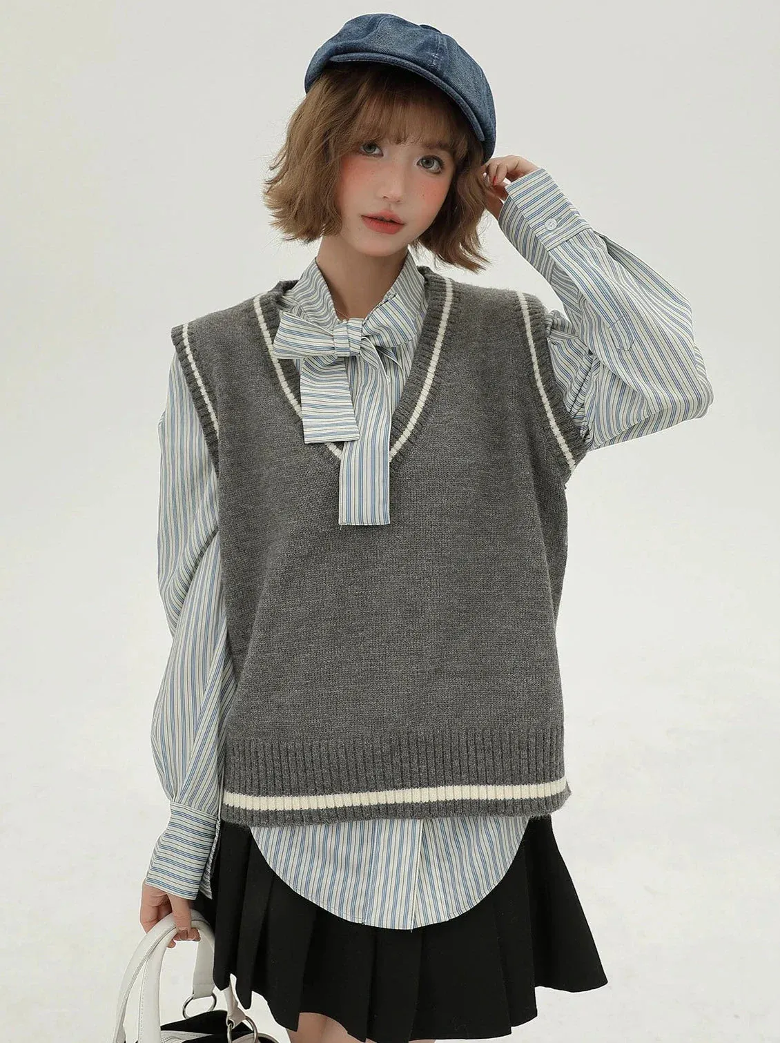 Style Korean Vest   Striped V-neck Shirt