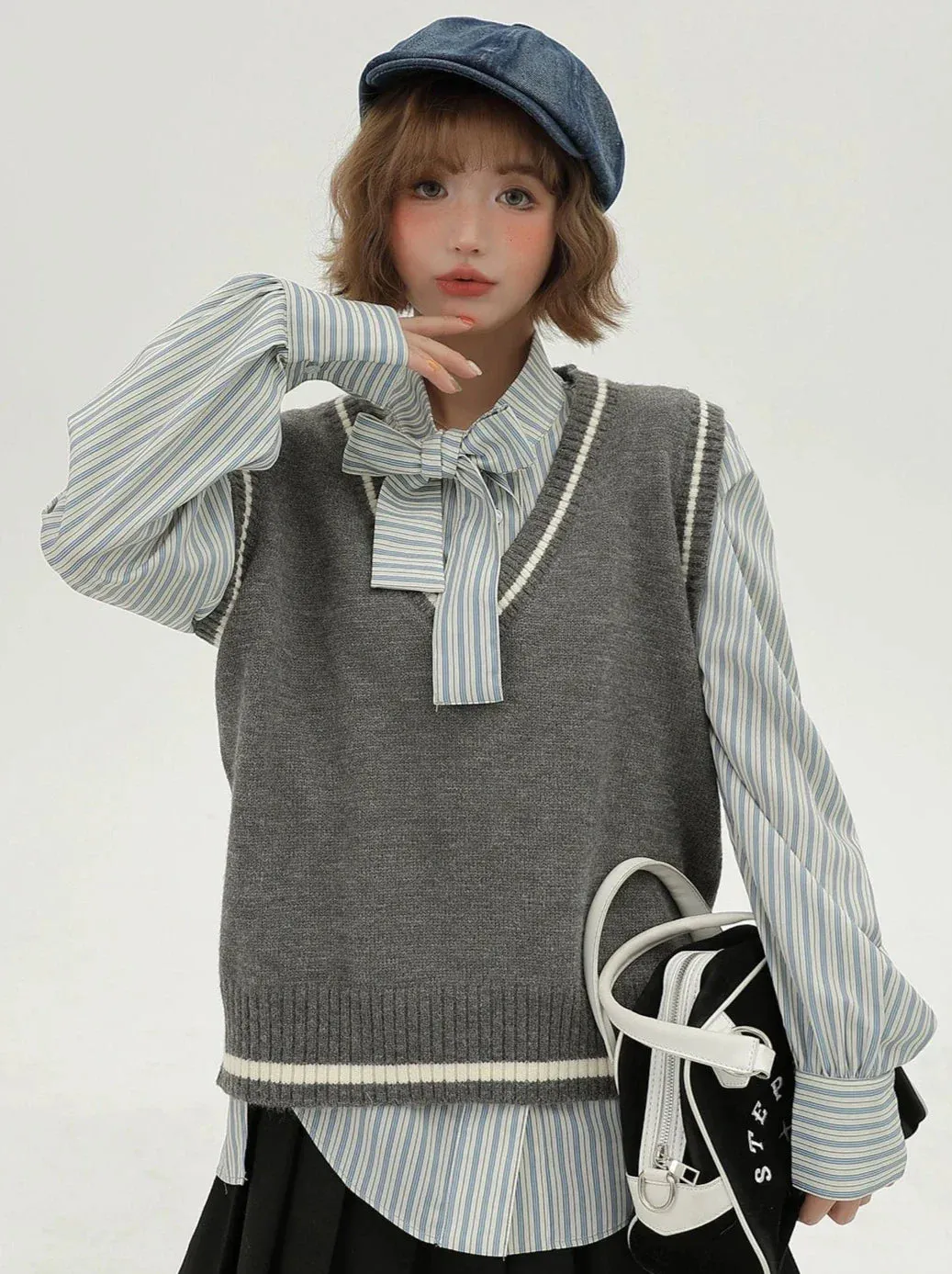 Style Korean Vest   Striped V-neck Shirt