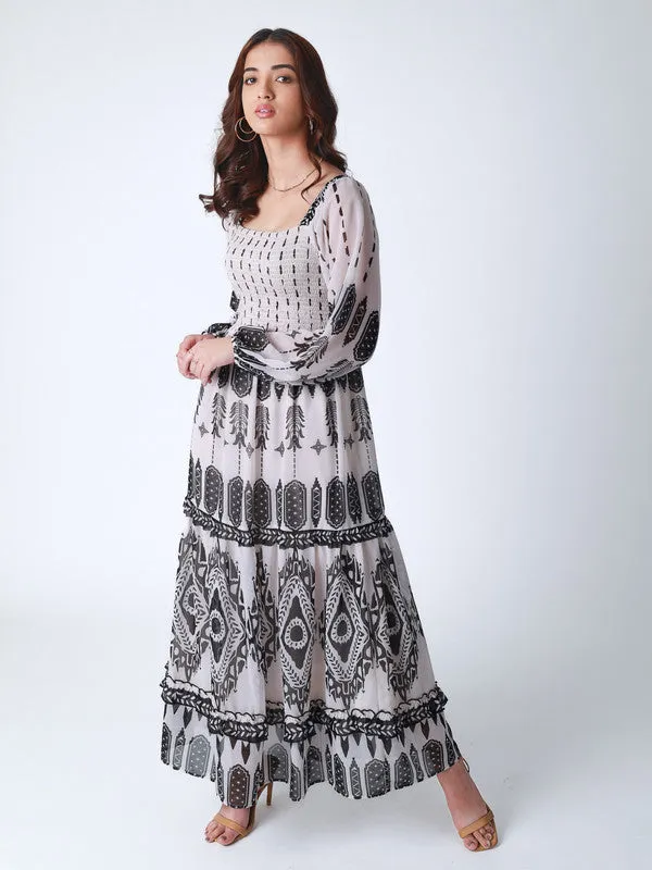 Boho Tribal Print Maxi Dress with Smocked Bodice