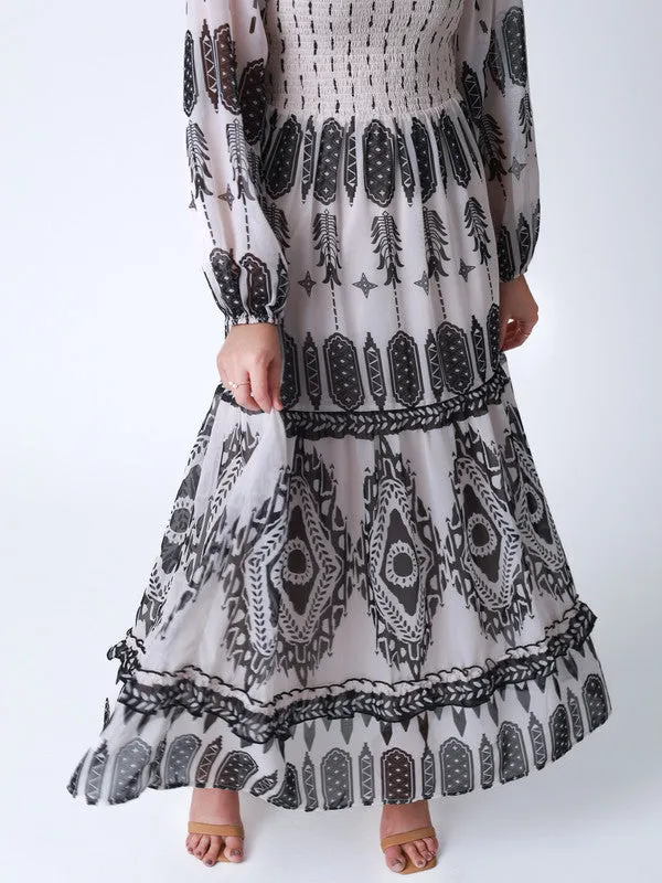 Boho Tribal Print Maxi Dress with Smocked Bodice