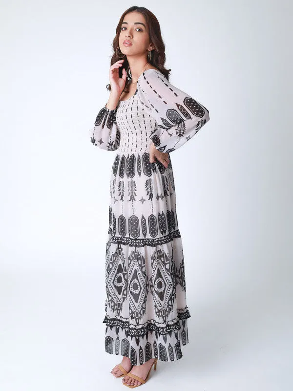 Boho Tribal Print Maxi Dress with Smocked Bodice