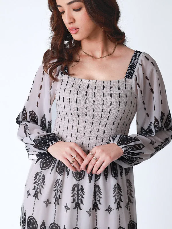 Boho Tribal Print Maxi Dress with Smocked Bodice
