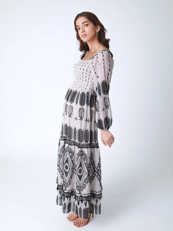 Boho Tribal Print Maxi Dress with Smocked Bodice