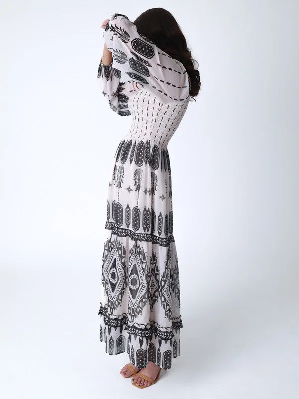 Boho Tribal Print Maxi Dress with Smocked Bodice