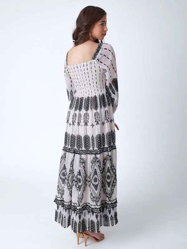 Boho Tribal Print Maxi Dress with Smocked Bodice