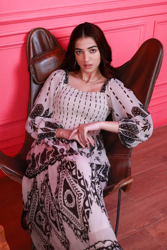 Boho Tribal Print Maxi Dress with Smocked Bodice