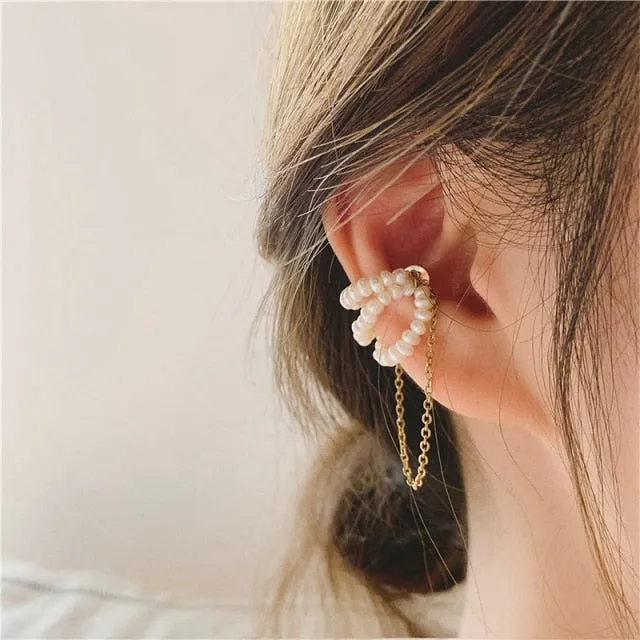 VKME Korean Pearls Gold Chains Clip Earrings  For Women Trendy Chain Tassel Earring Butterfly Geometry Ear Cuff 2021 Jewelry