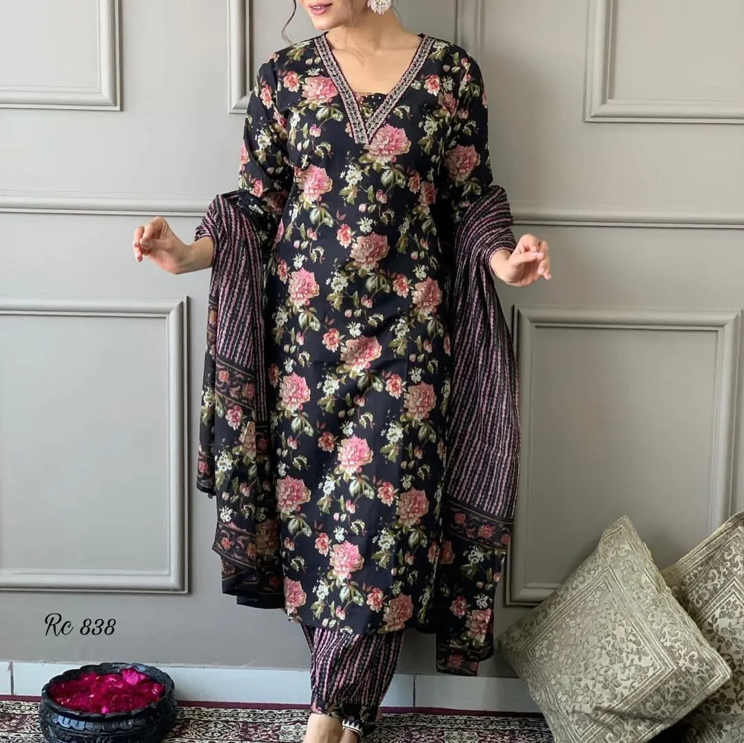 Women's Designer Lable Mishwa Pure Cotton Aline Kurta Set With Block Print