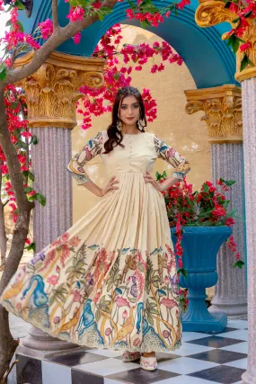 Women's Designer Party Wear Pure Silk Blend Kalamari Printed Gwon