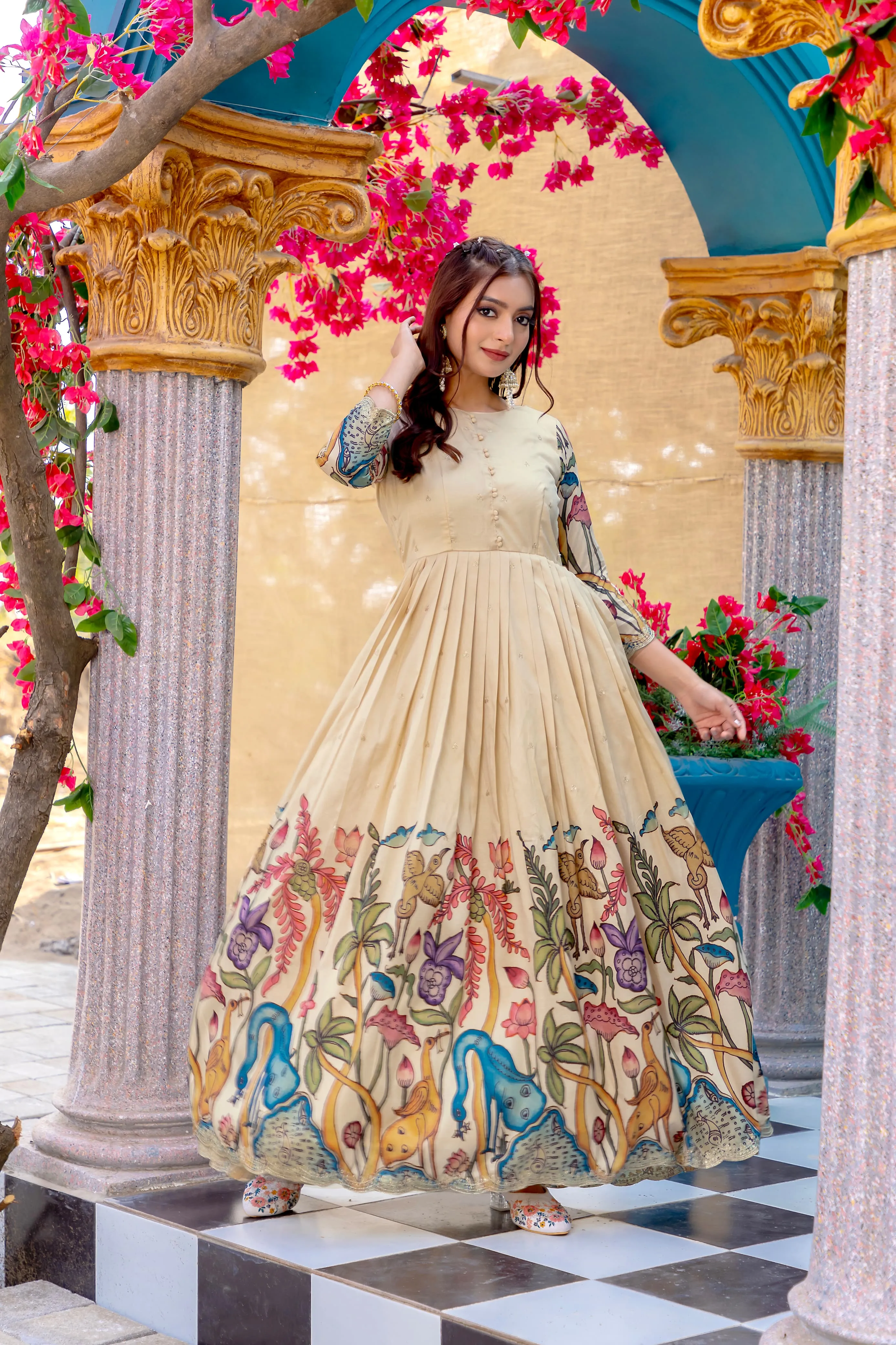 Women's Designer Party Wear Pure Silk Blend Kalamari Printed Gwon