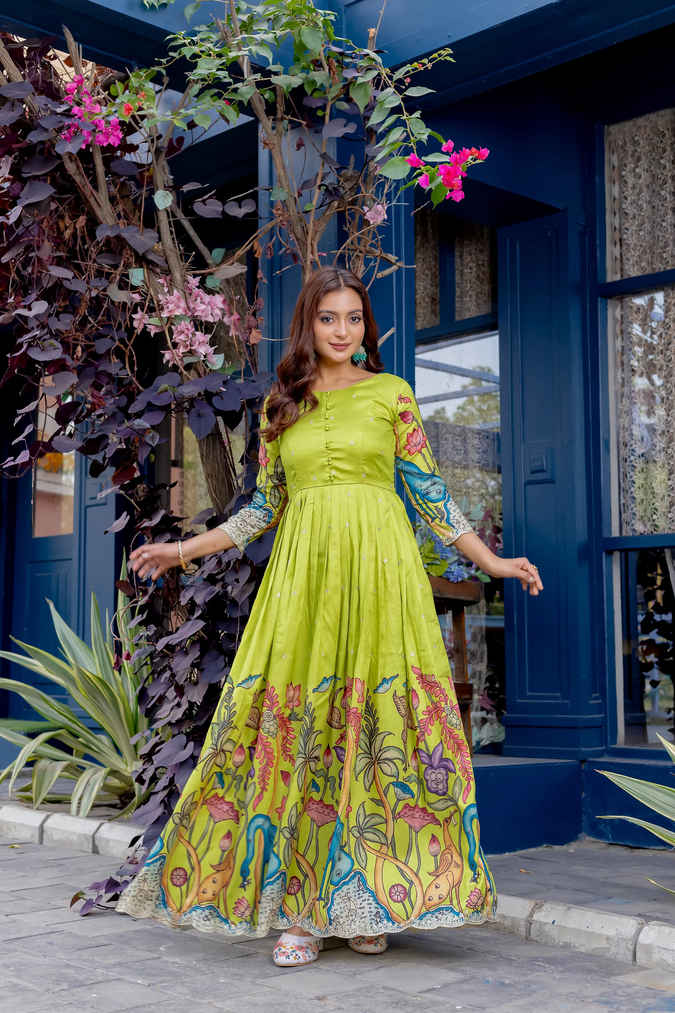 Women's Designer Party Wear Pure Silk Blend kalamkari Printed Gwon