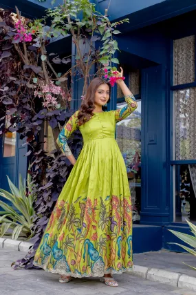 Women's Designer Party Wear Pure Silk Blend kalamkari Printed Gwon