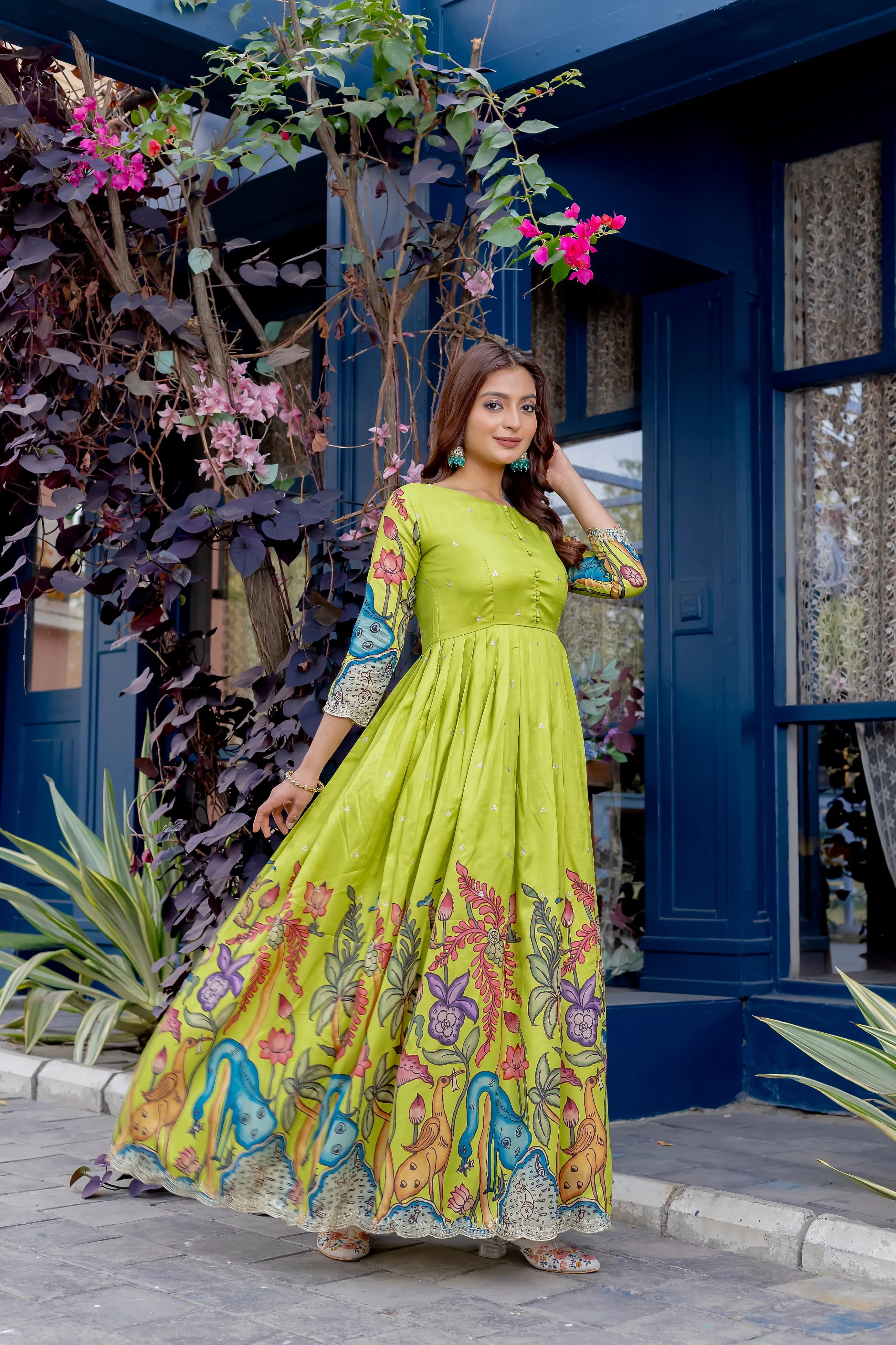 Women's Designer Party Wear Pure Silk Blend kalamkari Printed Gwon
