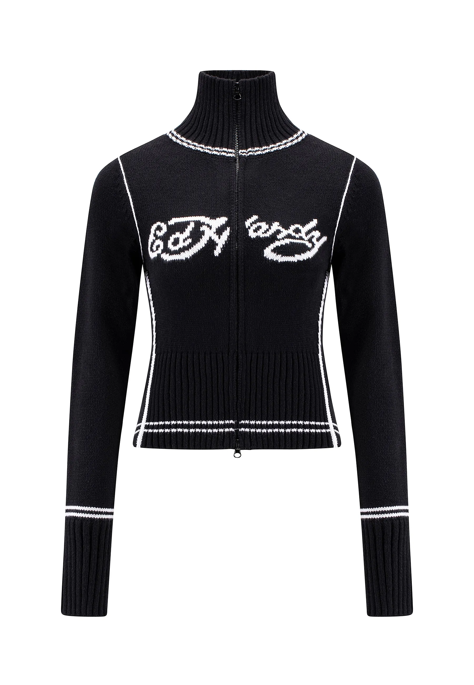 Black Knitted Zip Thru Jacket for Women