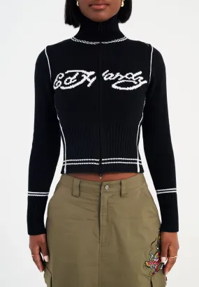 Black Knitted Zip Thru Jacket for Women
