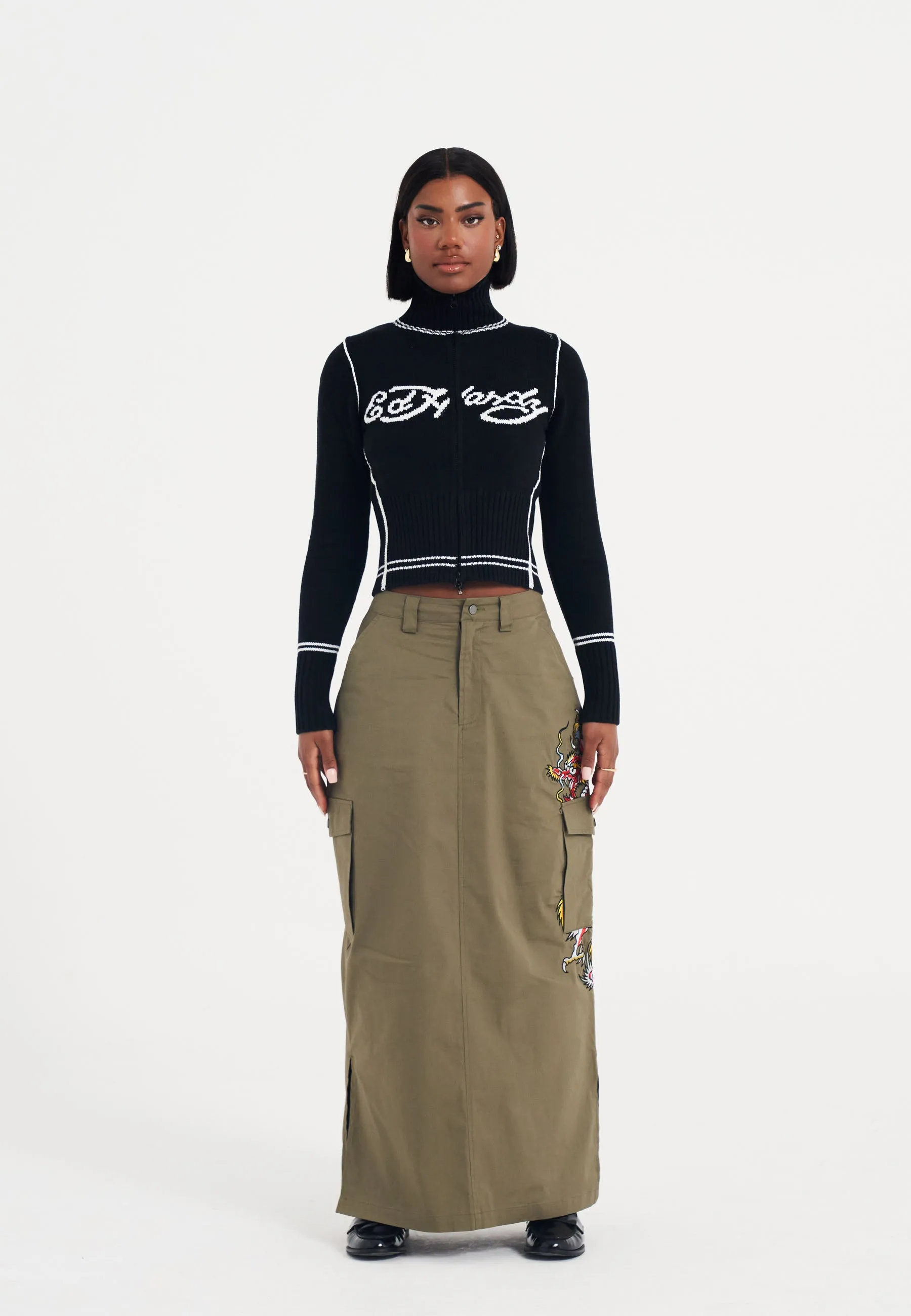 Black Knitted Zip Thru Jacket for Women