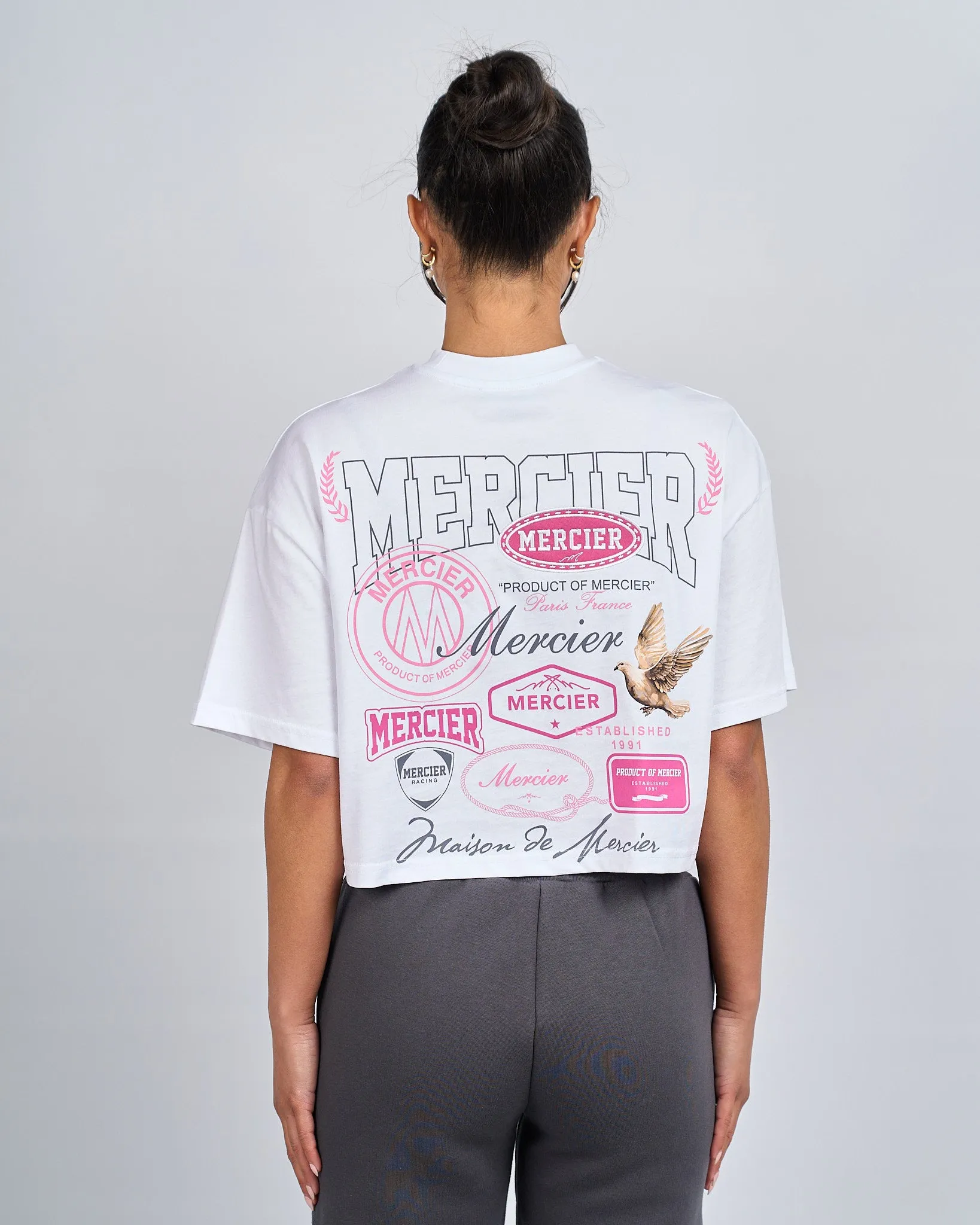 Womens White Pink Multi Tour Cropped Tshirt